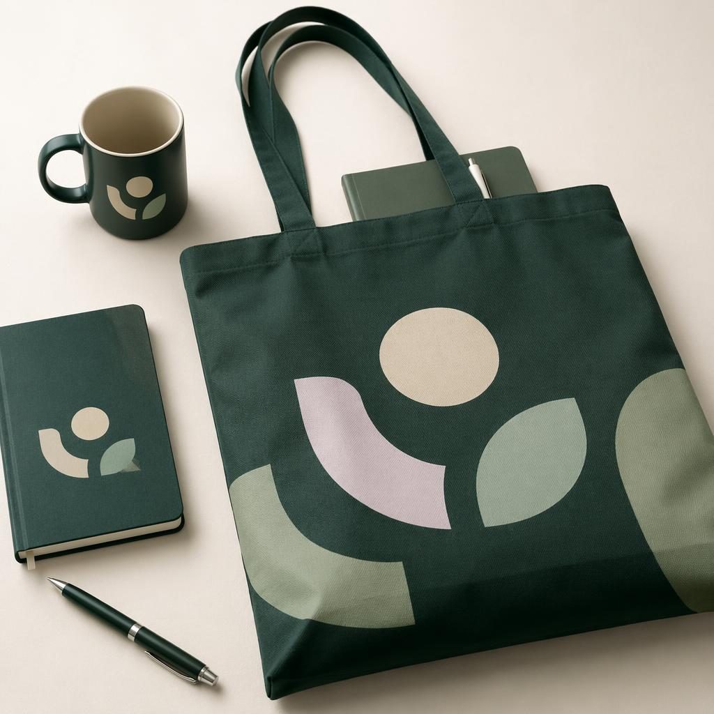 Studio flat lay mockup of a forest green tote bag with wrap-around company swag logo in a soft pastel palette