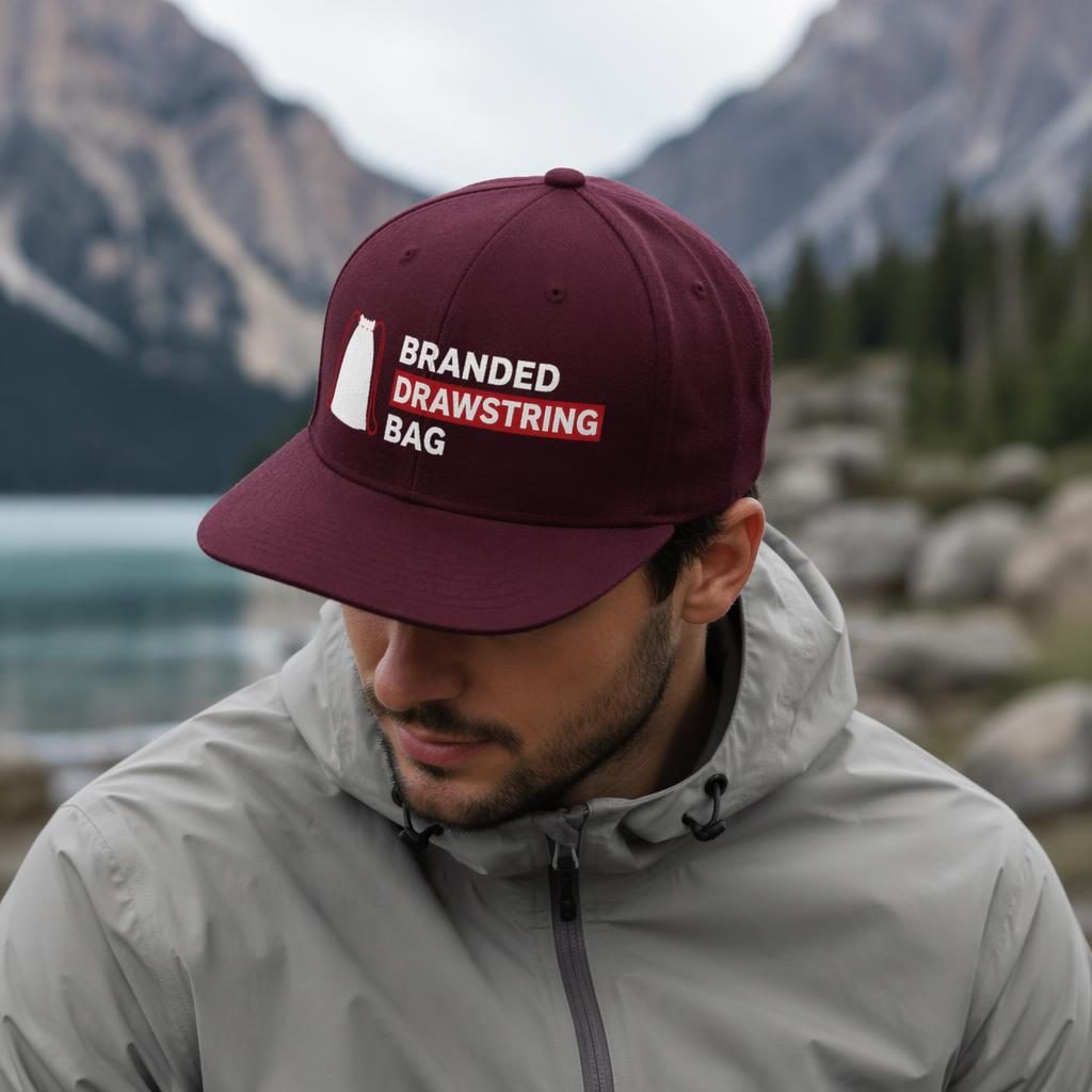 Photo-real burgundy cap mockup outdoors with a red and white branded drawstring bag logo wrapped around the hat