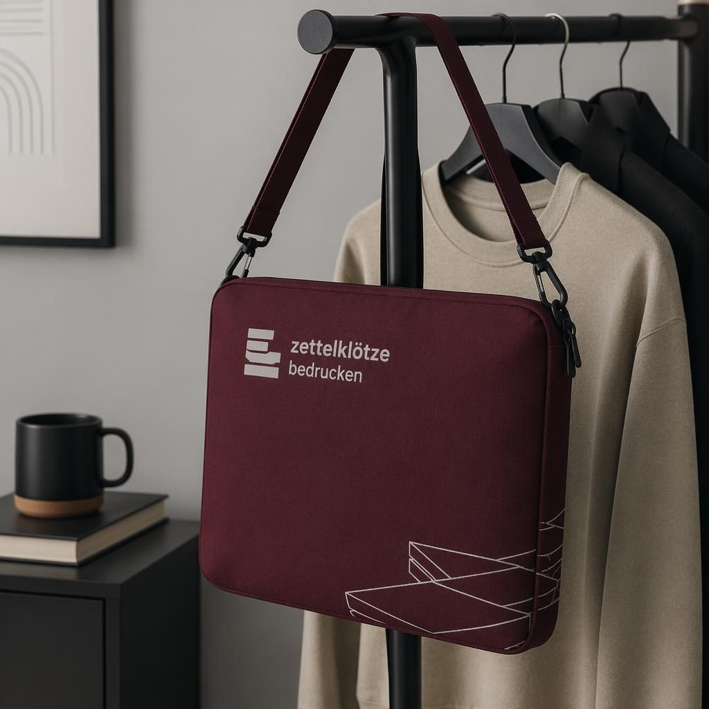Photo-real product mockup of a burgundy laptop sleeve with "zettelklötze bedrucken" logo printed at wrap-around. Mockup 