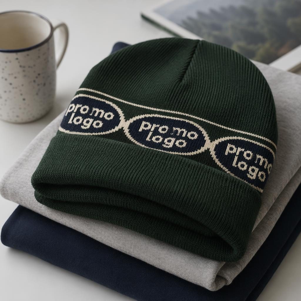 Folded stack of forest green beanies with a navy and cream promo logo in a studio product mockup.