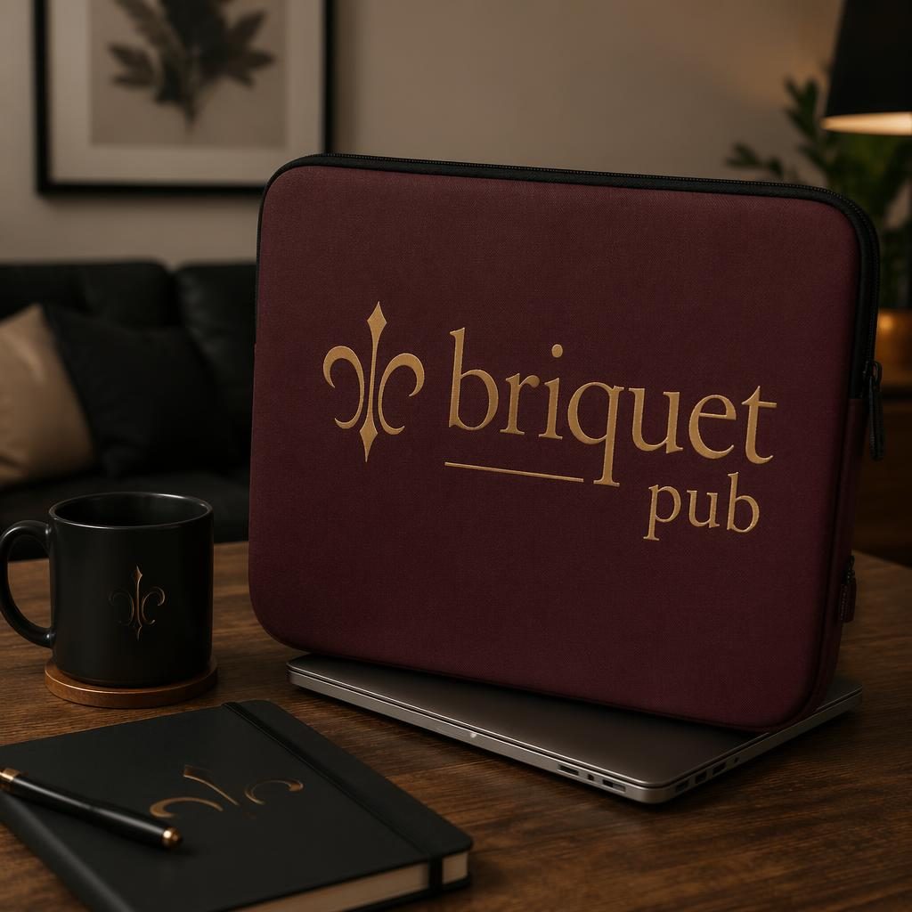 Housse d’ordinateur bordeaux avec logo briquet pub en enroulé, photo lifestyle cosy noir et or, texture textile nette