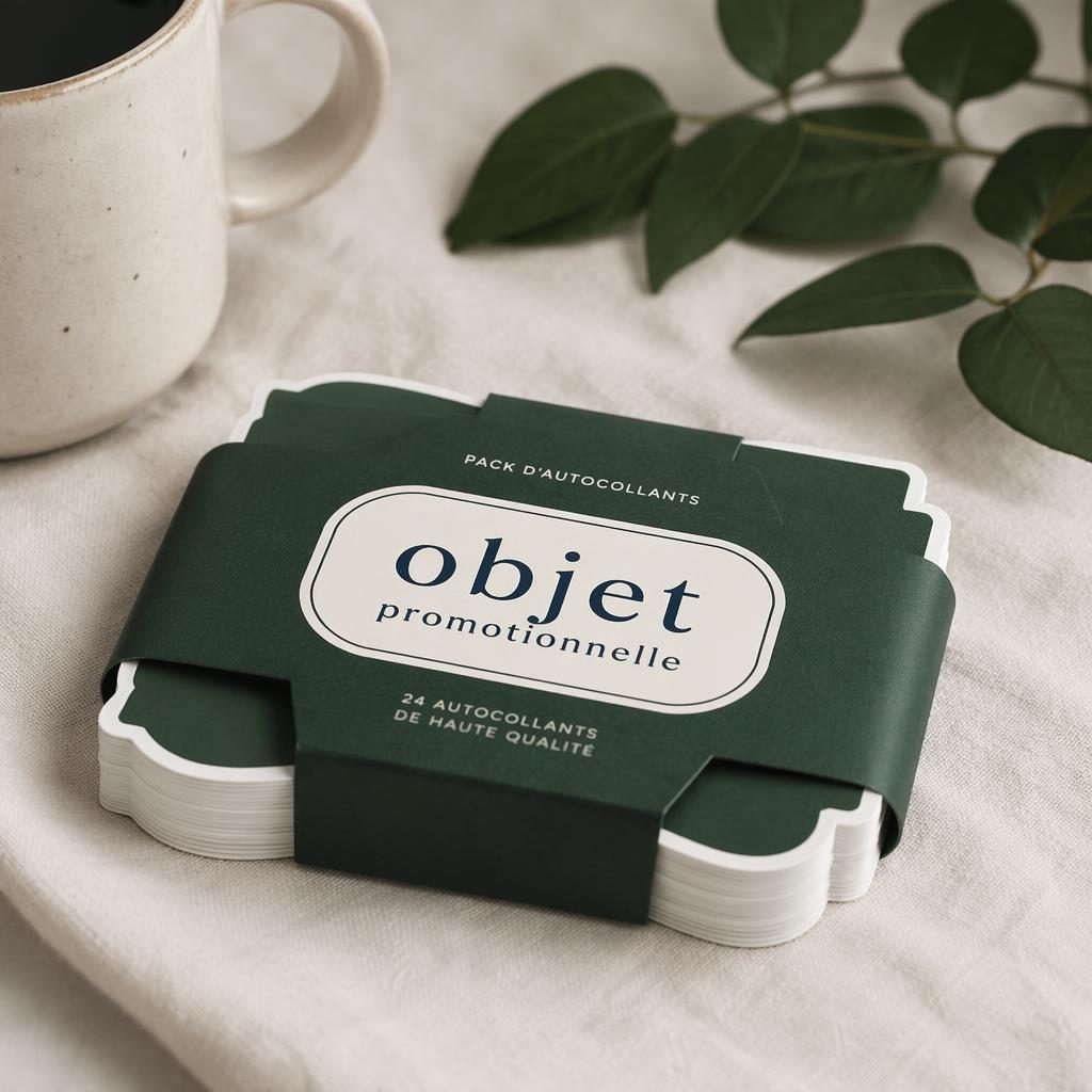 Pack de stickers vert forêt plié en studio, logo crème et marine, texture papier nette et rendu photo réaliste