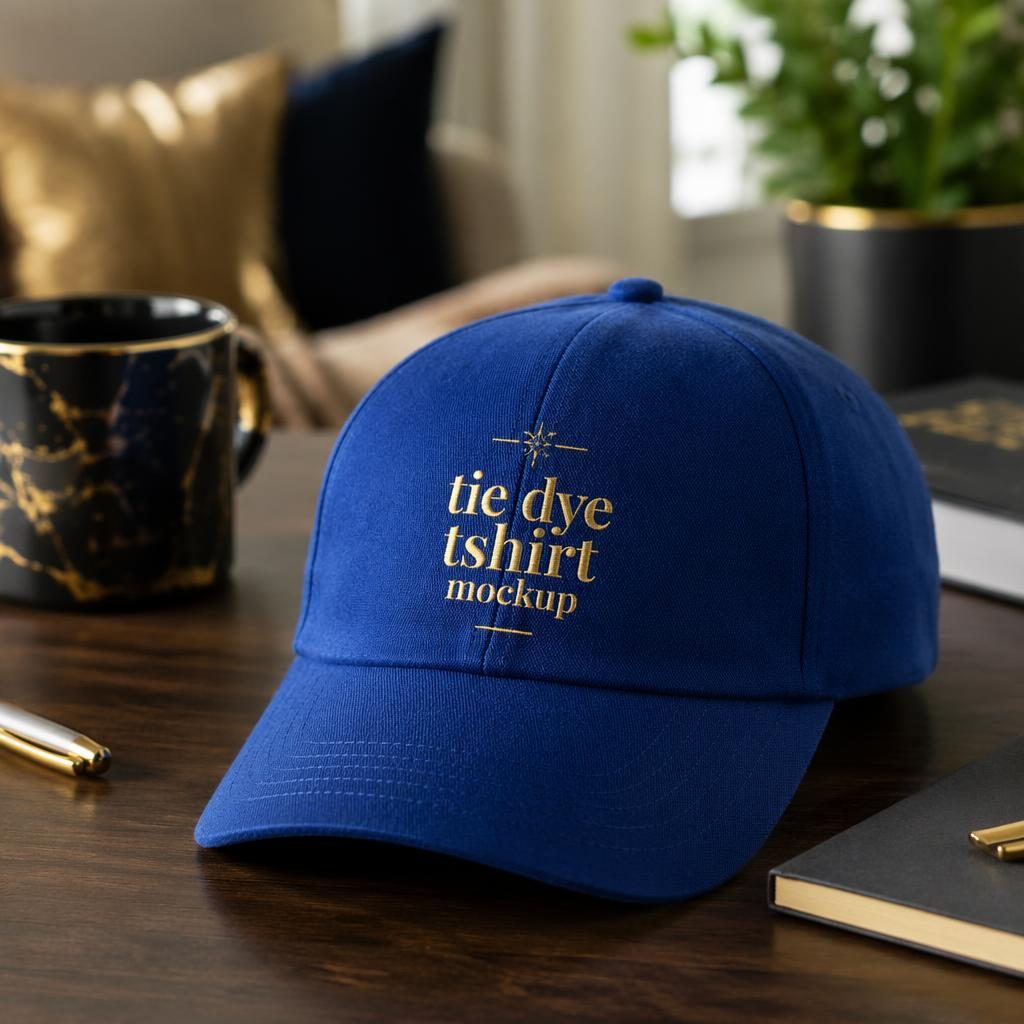 Photo-real royal blue cap with embroidered tie dye tshirt mockup logo in a cozy luxury home studio setting.