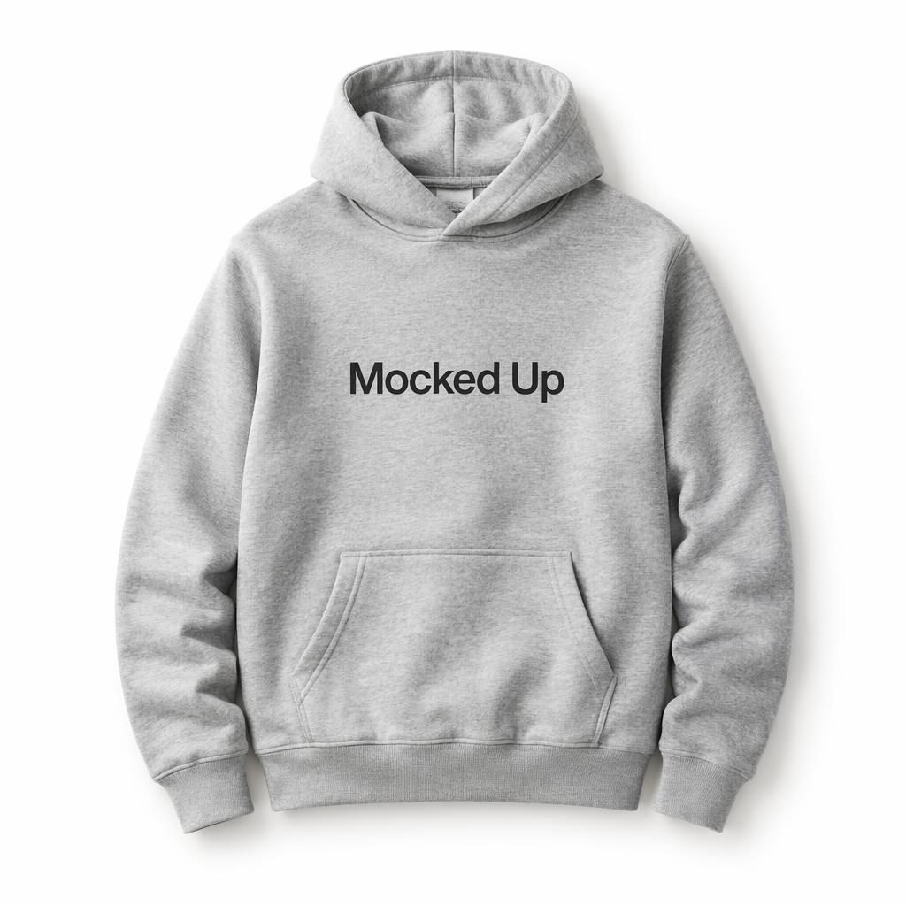 Fotorealistischer heather-grauer Hoodie mit mocked up Schriftzug mittig auf der Brust vor weißem Hintergrund.