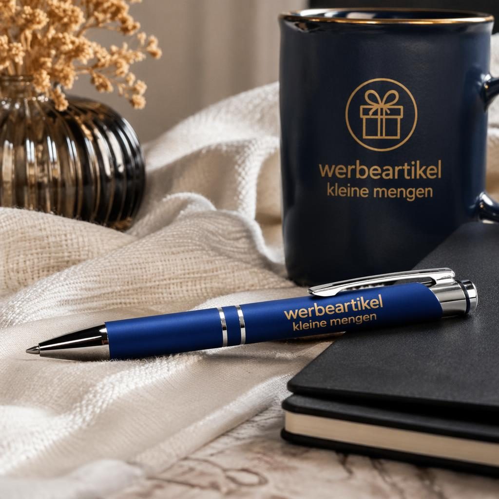 Fotorealistischer königsblauer Kugelschreiber mit gesticktem Logo im Cozy-Home-Setting in Schwarz und Gold