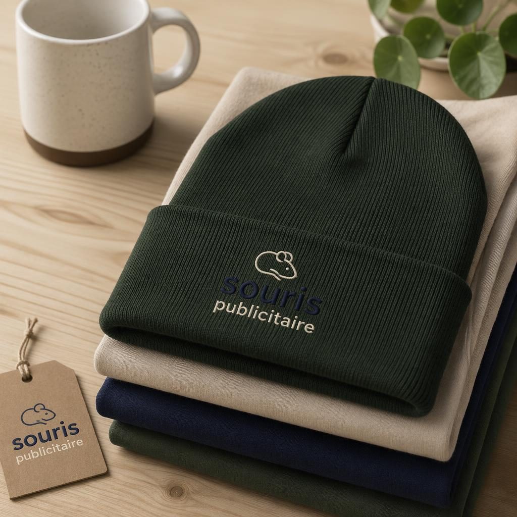 Bonnet vert forêt plié en studio, avec logo crème et bleu marine souris publicitaire centré, texture textile nette.