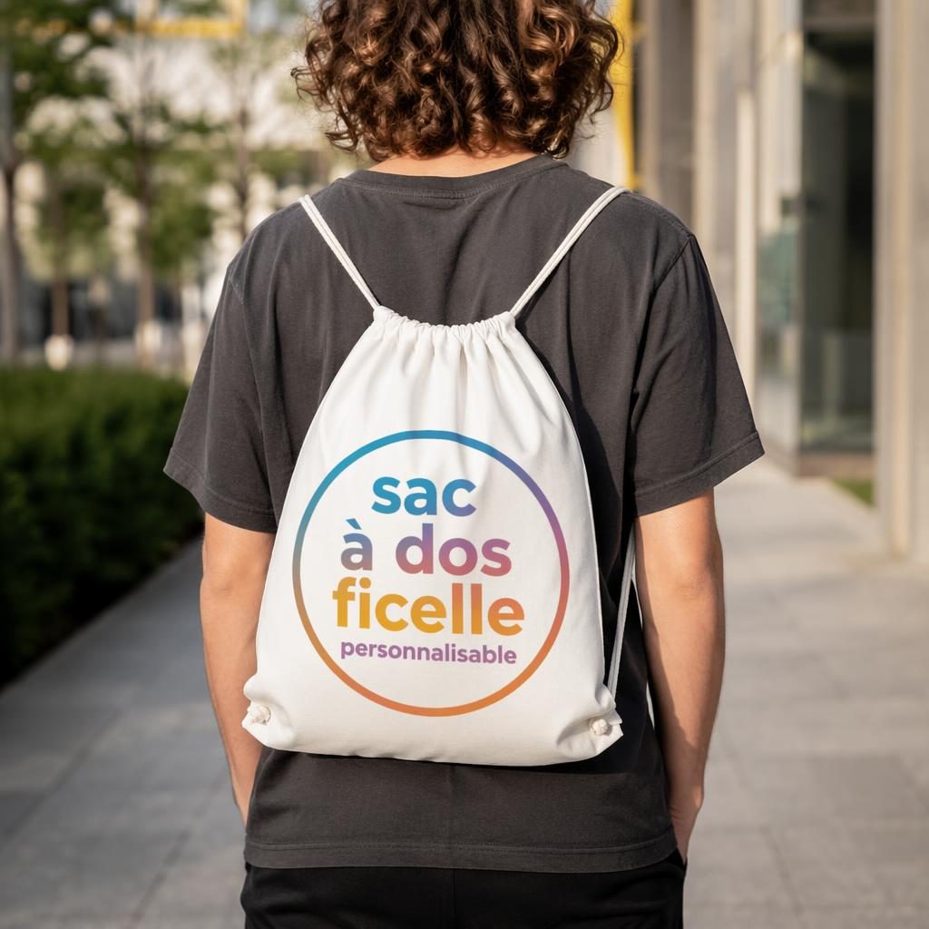 Porte-clés blanc porté sur modèle, avec logo dégradé imprimé tout autour, photo studio nette et réaliste.