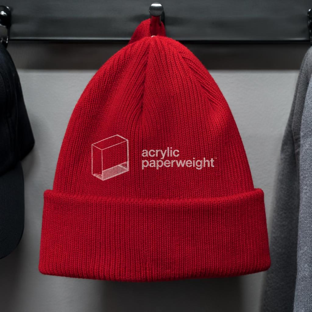 Red beanie hanging on a rack with acrylic paperweight logo on the back in a minimal monochrome print