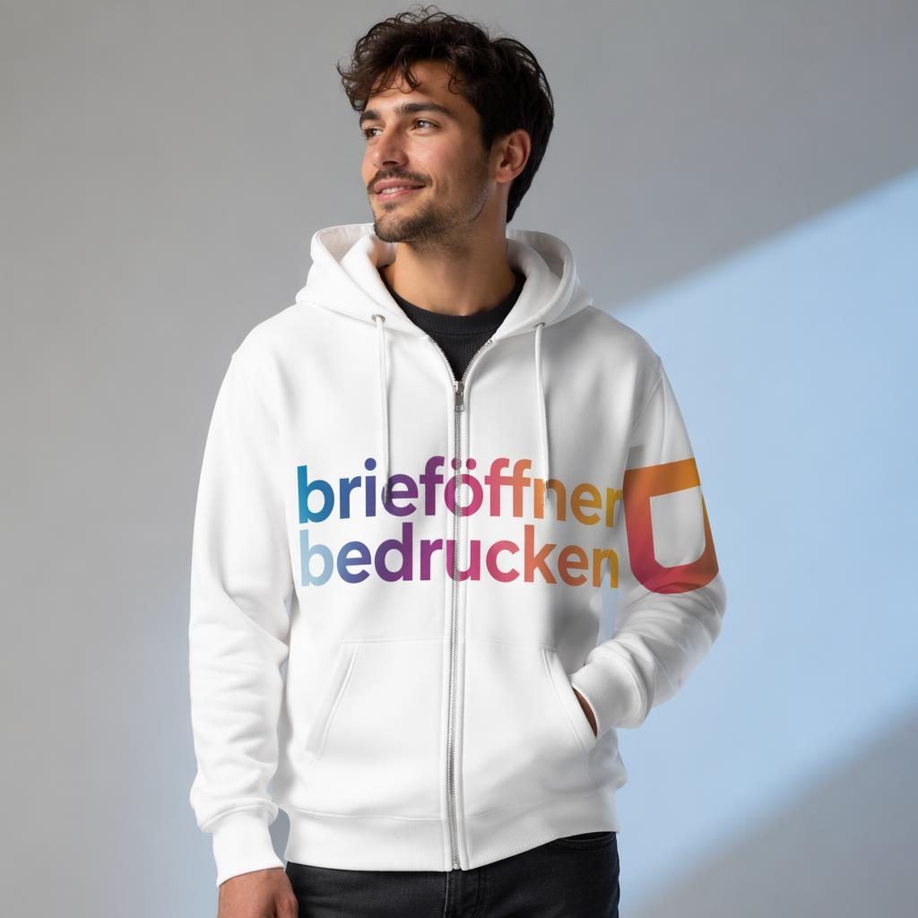 Model trägt weißen Zip-Hoodie mit umlaufendem brieföffner bedrucken Logo im Farbverlauf, Studioaufnahme