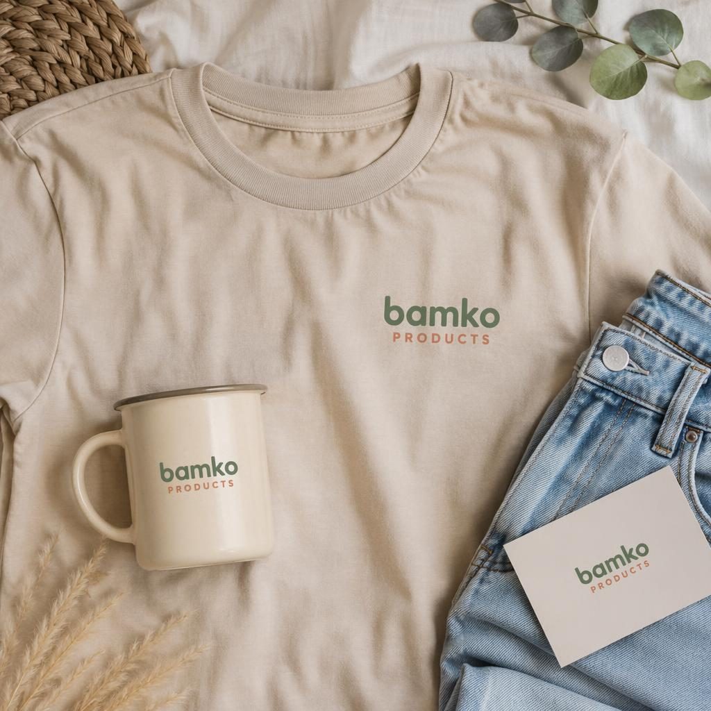 Beige sand enamel mug in a studio flat lay with small bamko products logo, sharp ceramic detail and soft pastel styling.
