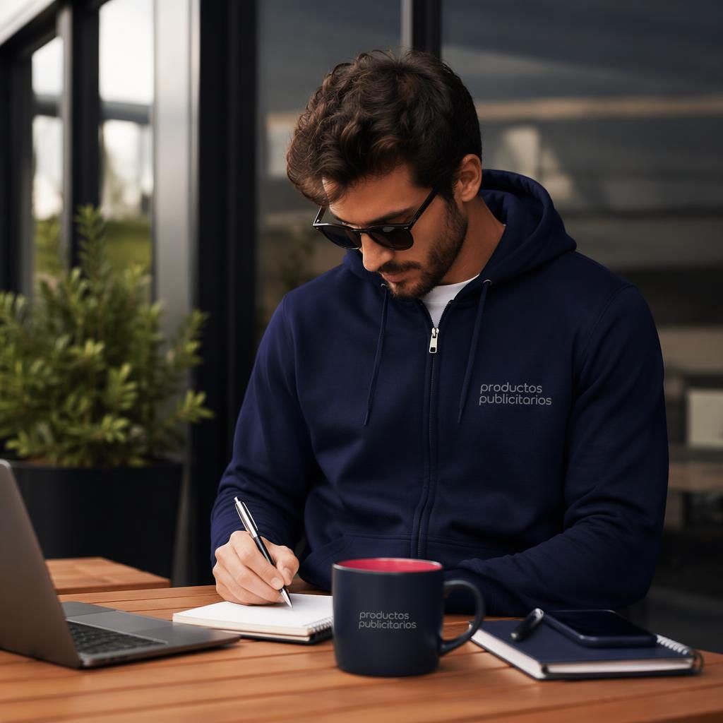 Sudadera navy con cierre en mockup fotográfico exterior, logo sutil tono sobre tono y estilo lifestyle de merchandising.