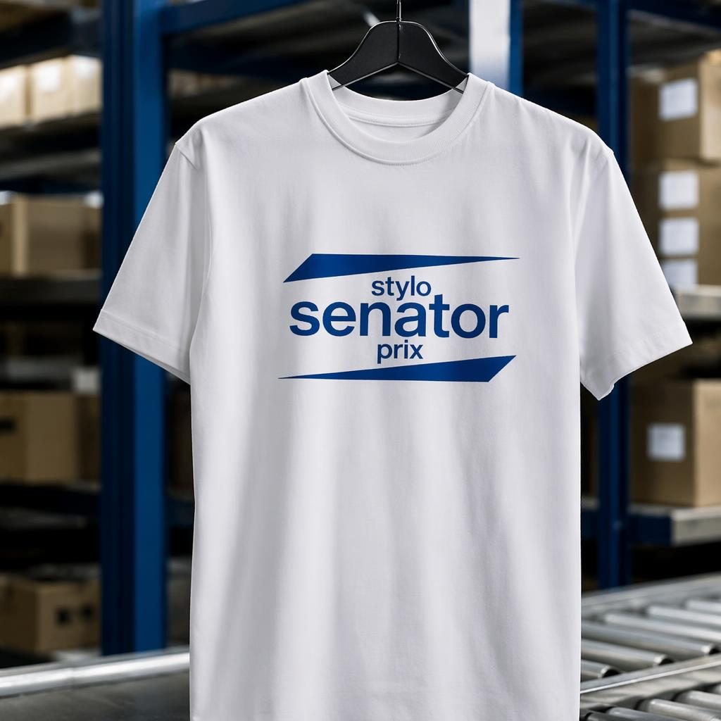 Mockup photo réaliste d’un porte-clés blanc avec logo bleu stylo senator prix sur fond industriel