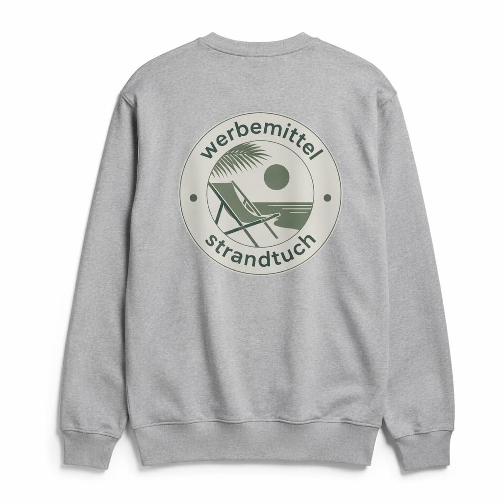 Heather-graues Crewneck-Sweatshirt als Produkt-Mockup mit großem Rückenlogo auf weißem Studiohintergrund