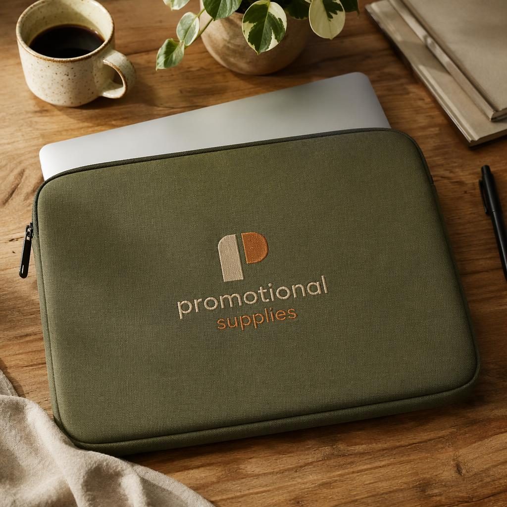 Olive green laptop sleeve with embroidered promotional supplies logo on a warm-toned desk lifestyle mockup.