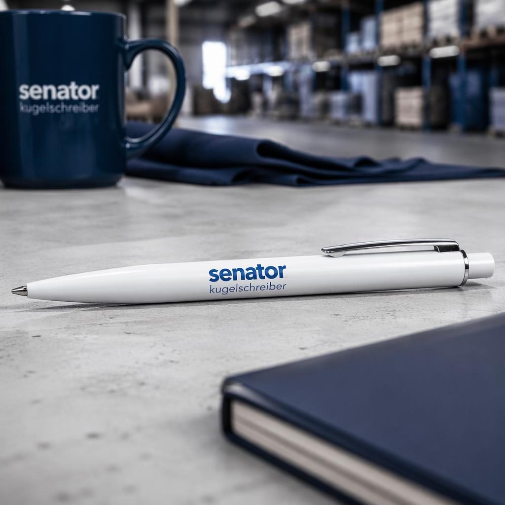Weißer Kugelschreiber mit senator kugelschreiber Logo als realistisches Produkt-Mockup im industriellen Warehouse-Stil.
