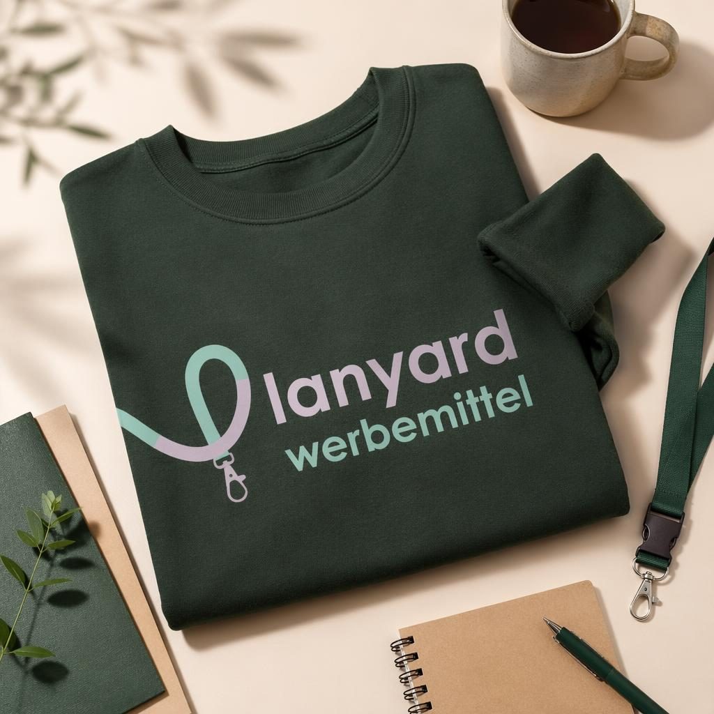 Studio-Flatlay eines waldgrünen Crewnecks mit umlaufendem lanyard werbemittel Logo in weicher Pastelloptik.