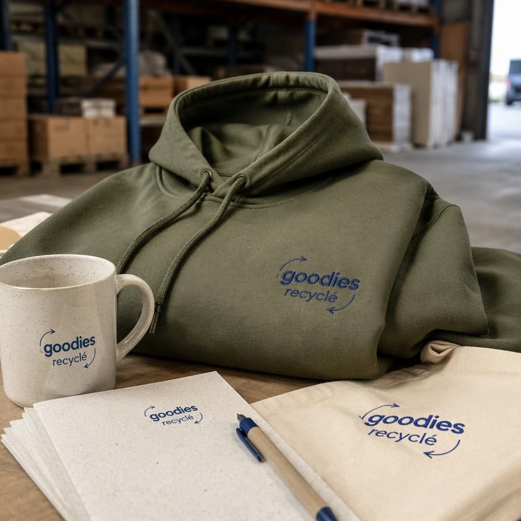 Mockup photo réaliste d’un hoodie vert olive avec logo goodies recyclé brodé, décor entrepôt industriel.