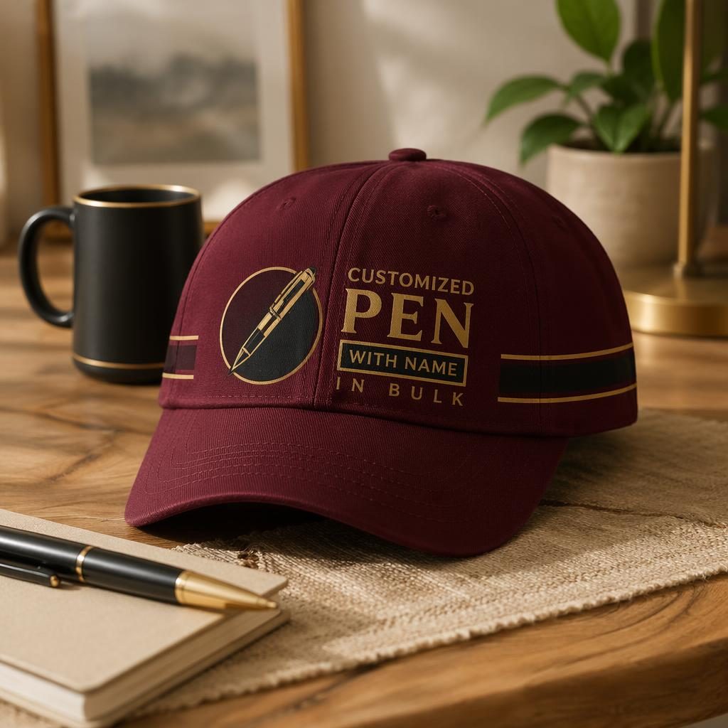 Photo-real burgundy cap mockup in a cozy home setting with a black and gold wrap-around placeholder logo.