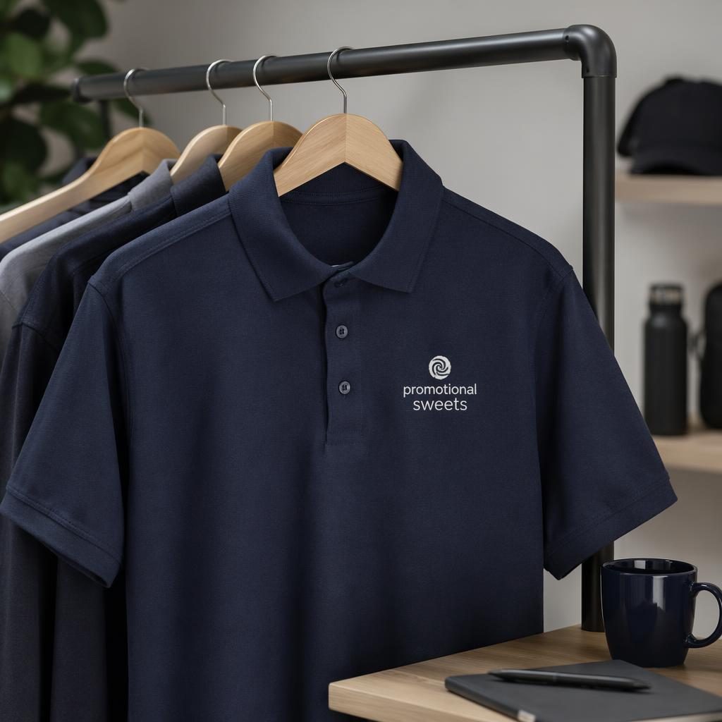 Navy polo shirt hanging on a rack with small promotional sweets logo on the left chest in a minimal monochrome style.
