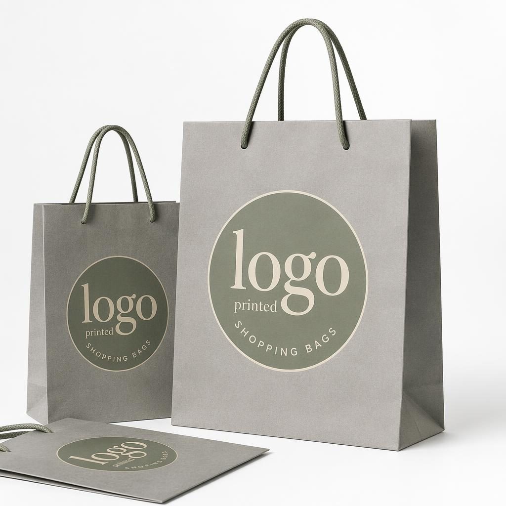 Photo-real heather gray pen mockup on a white background with a large sage and ivory logo printed shopping bags design.