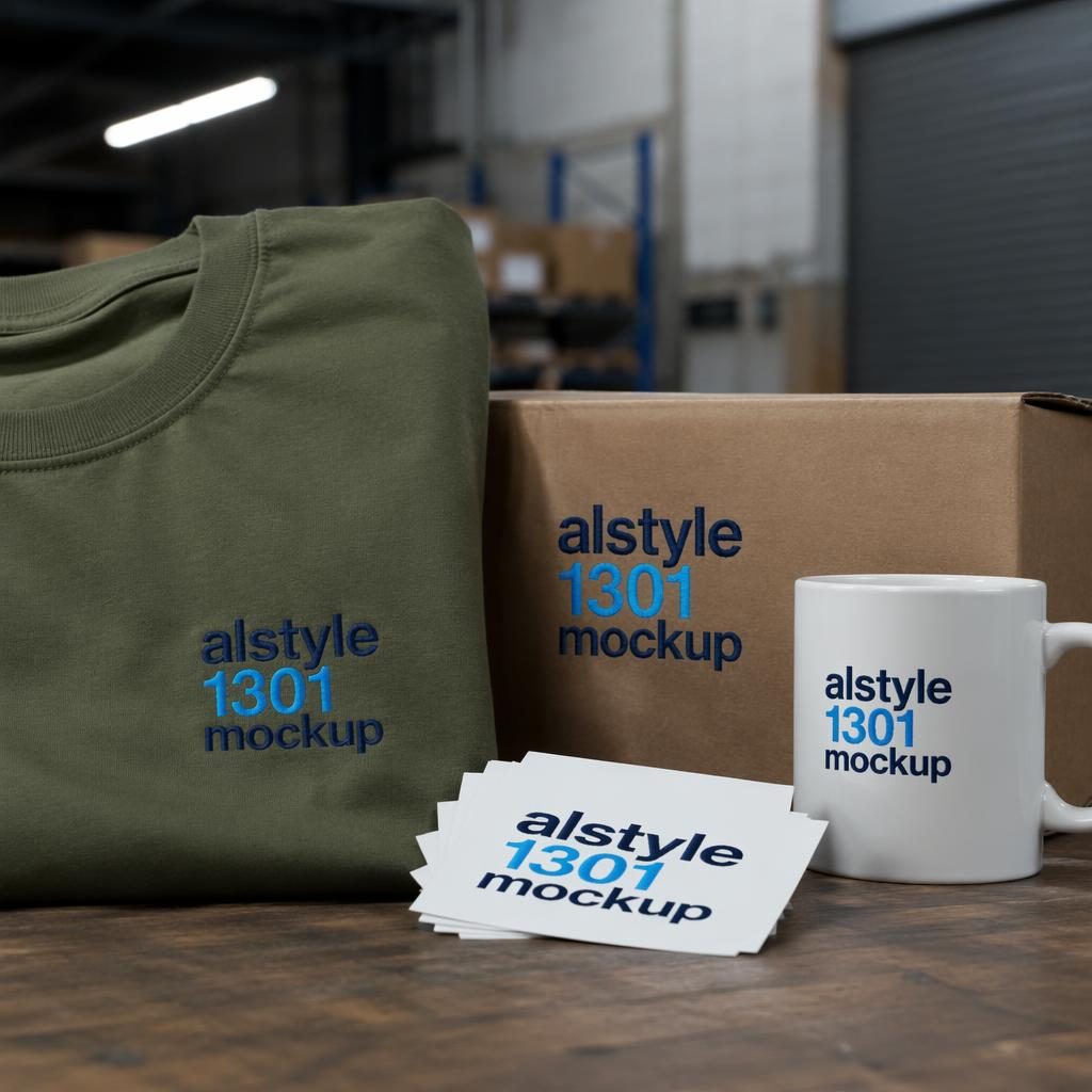 Photo-real olive green sticker pack mockup with generic embroidered-style alstyle 1301 mockup logo in a warehouse setting