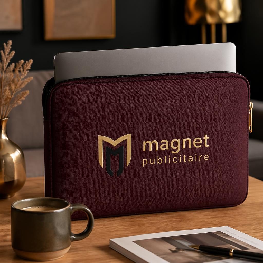 Housse d’ordinateur bordeaux avec logo magnet publicitaire, ambiance cosy luxe noir et or, photo studio nette