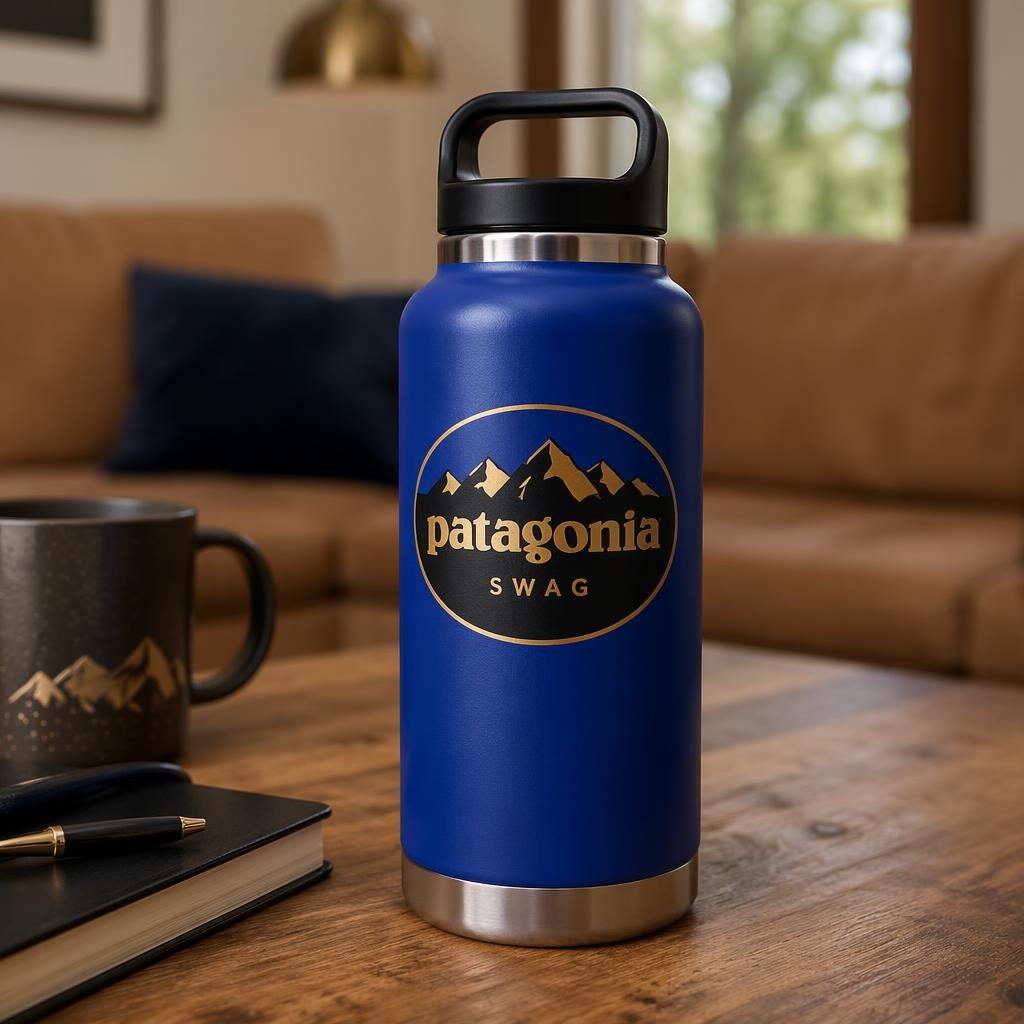 Royal blue water bottle mockup with generic patagonia swag logo on sleeve in a cozy black and gold home setting