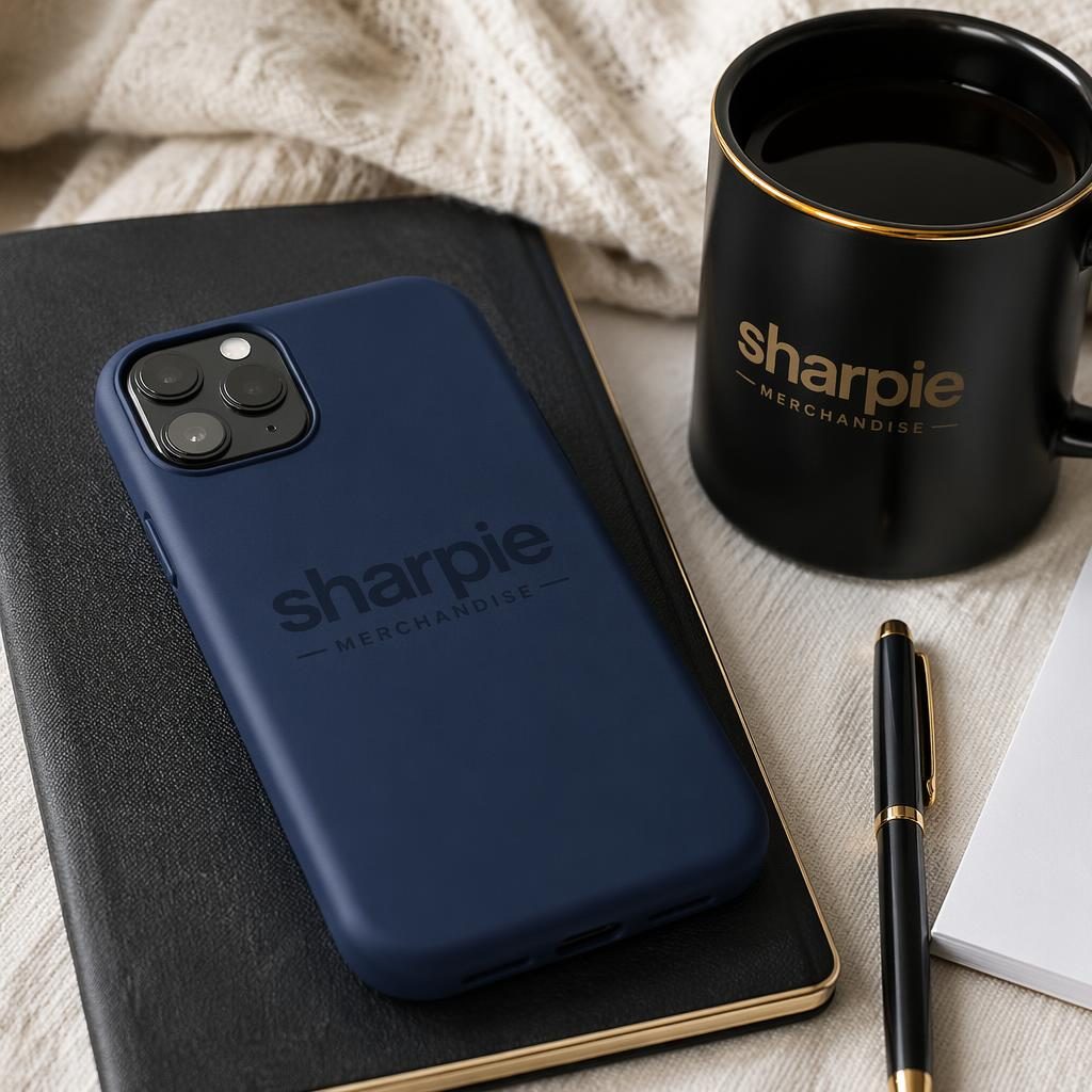 Photo-real navy phone case mockup with subtle tone-on-tone sharpie merchandise logo in a cozy luxury home setting.