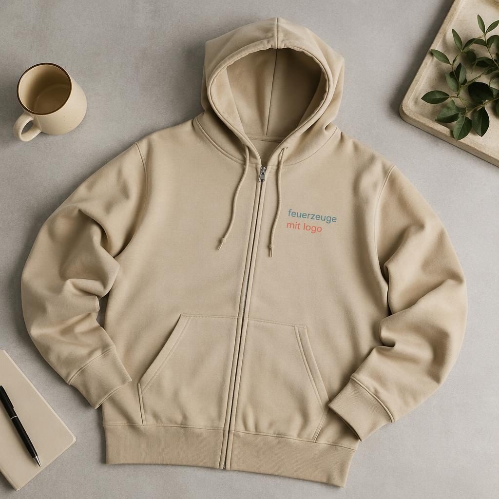 Beiger Zip-Hoodie als Studio Flat Lay mit kleinem feuerzeuge mit logo Druck auf der linken Brust