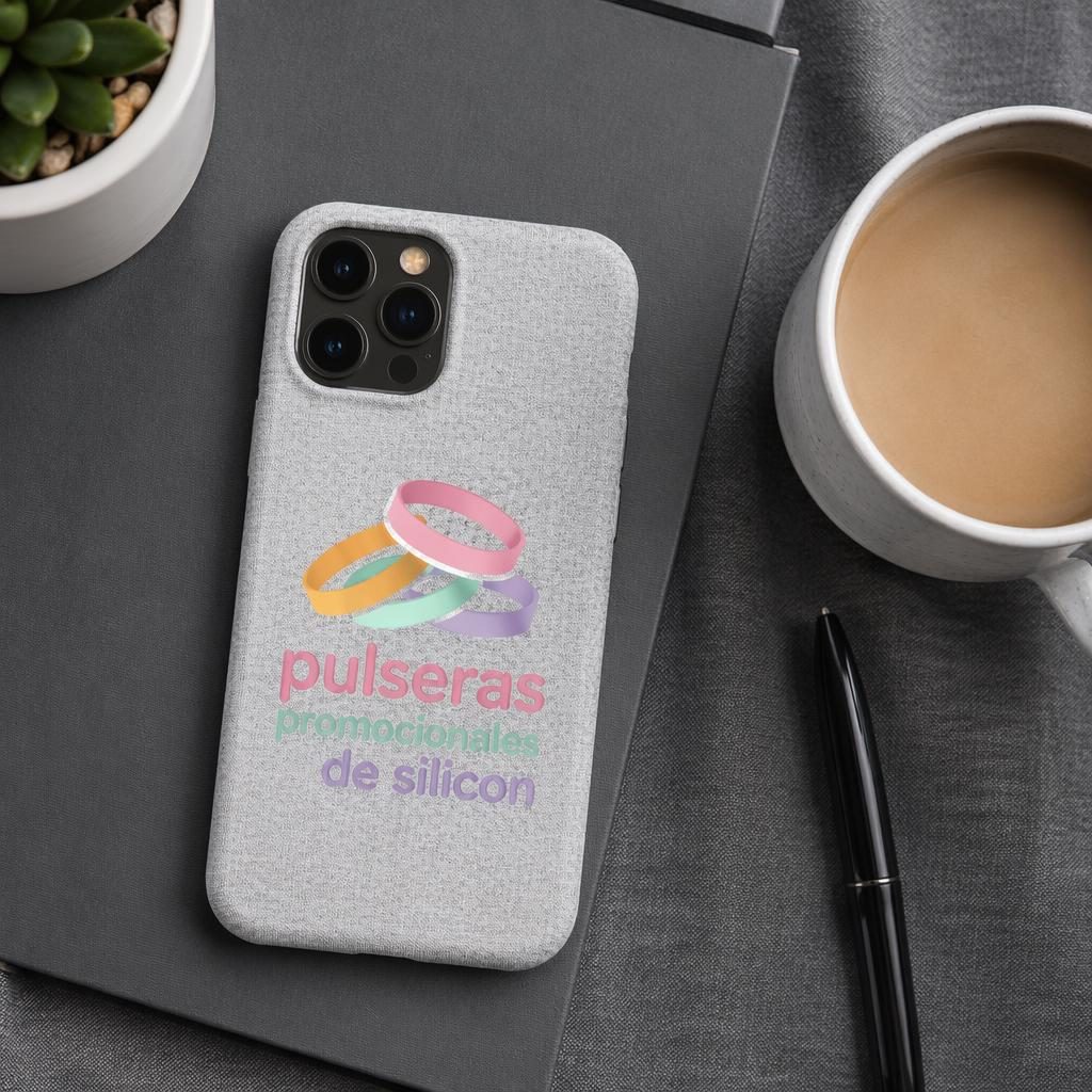 Funda de teléfono gris jaspeado en flat lay de estudio con logo pulseras promocionales de silicon en la parte trasera