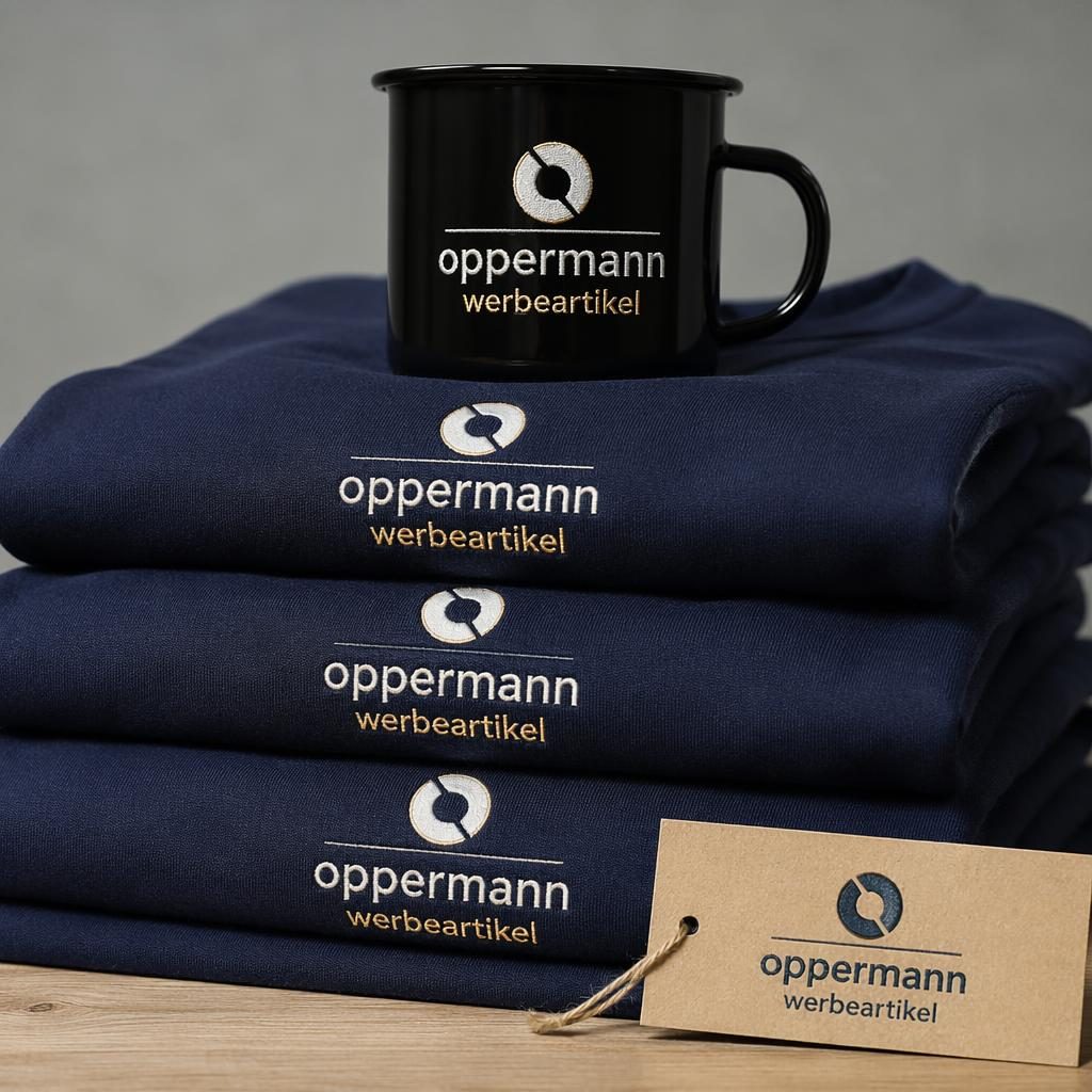 Schwarze Emaille-Tasse mit Logo oppermann werbeartikel, studiofotografiert, scharfer Fokus, navy-creme Farbpalette