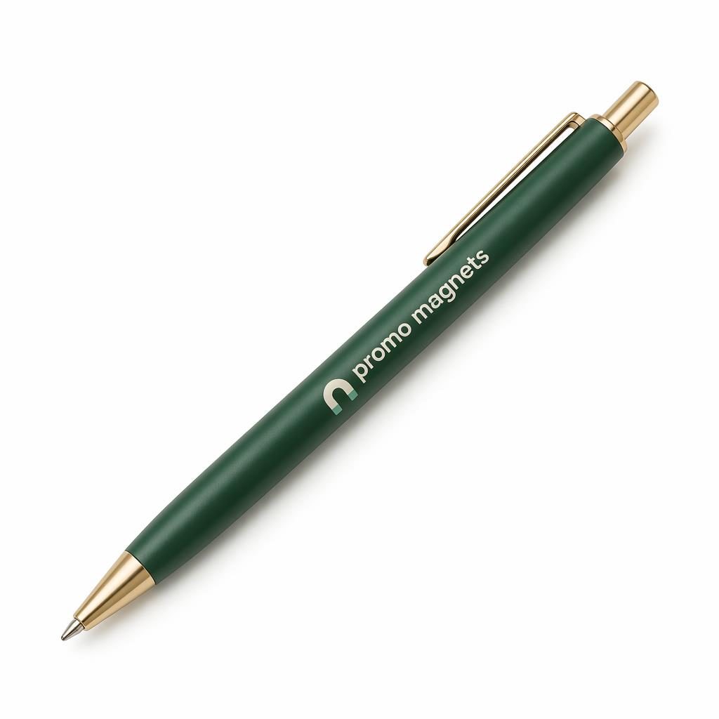 Photo-real forest green pen mockup on a minimalist white background with a centered promo magnets logo in sage and ivory.