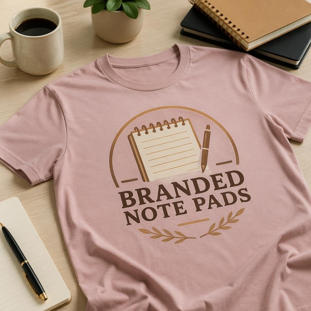 Dusty pink t-shirt mockup on a desk with large branded note pads logo, warm earth tones, mug and paper accents.