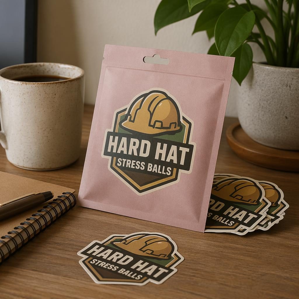 Dusty pink sticker pack mockup on a desk, shown from the back with hard hat stress balls logo in warm earth tones.