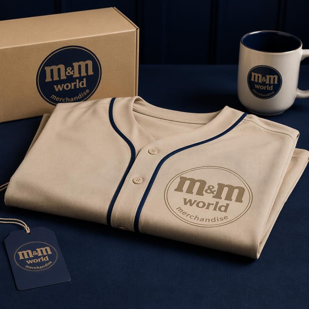 Folded stack mockup of a beige sand baseball jersey with a subtle tone-on-tone m&m world merchandise logo.