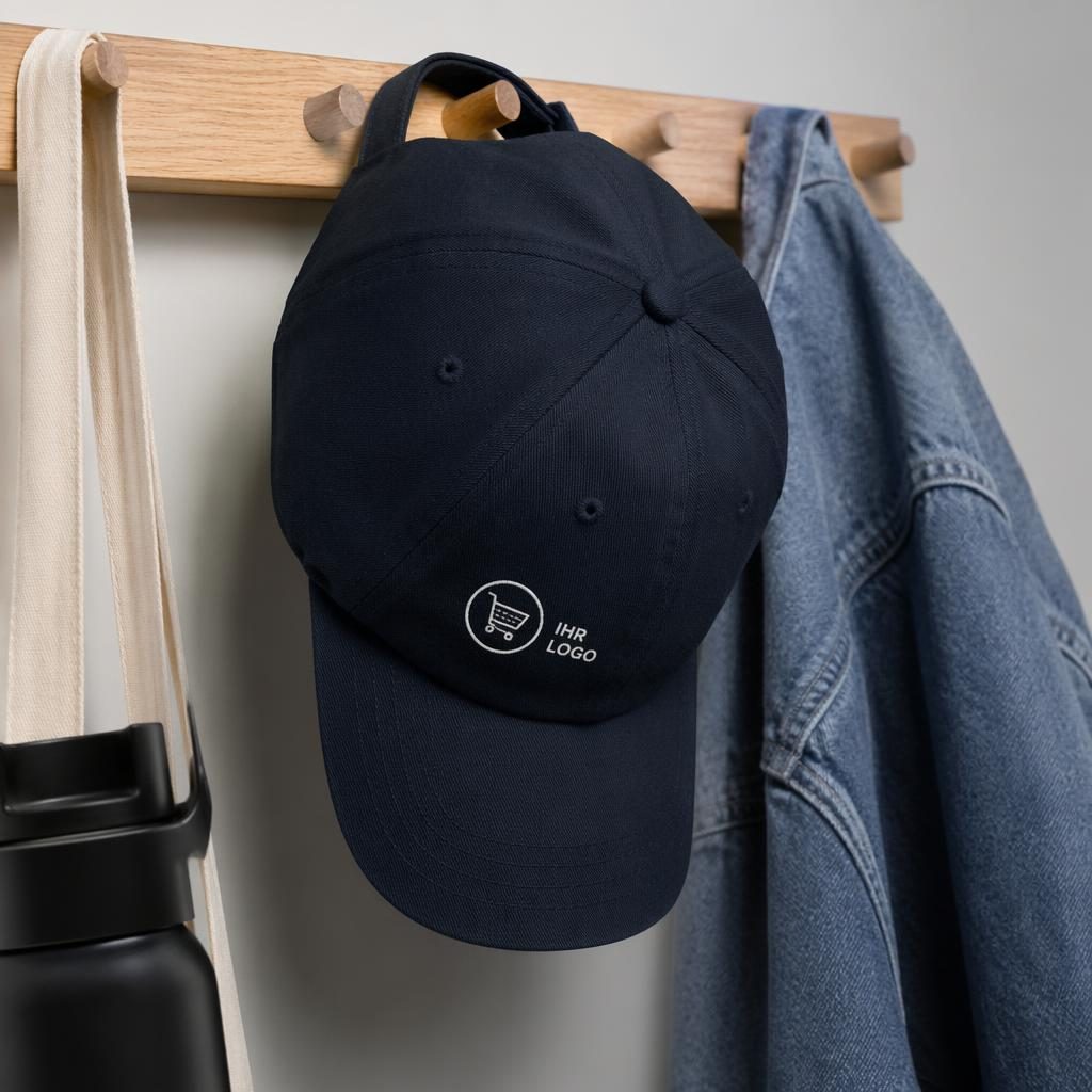 Dunkelblaue Cap hängt an einer Kleiderstange, mit kleinem Logo links vorn in minimalistischer monochromer Optik.