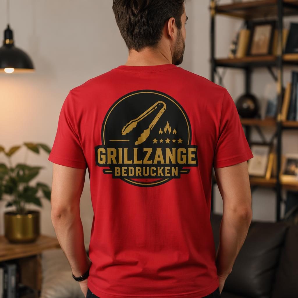 Fotorealistisches rotes T-Shirt mit großem Rückenlogo in Schwarz und Gold in wohnlicher Luxus-Umgebung