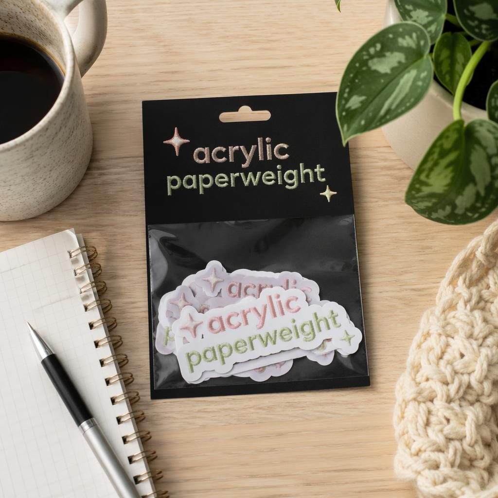 Studio flat lay of a black sticker pack mockup with acrylic paperweight logo, pastel accents, and sharp product detail.