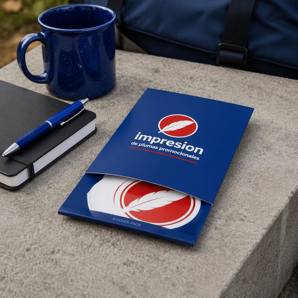 Mockup fotográfico de pack de stickers azul real con funda y logo rojo y blanco, estilo lifestyle exterior, enfoque nítido.