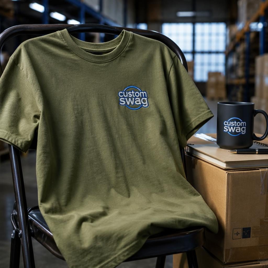 Olive green t-shirt mockup with custom swag logo in blue embroidery, photographed in a warehouse-style studio setting.