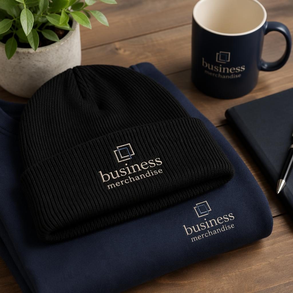 Folded stack of black beanies with classic embroidered business merchandise logo in navy and cream studio lighting