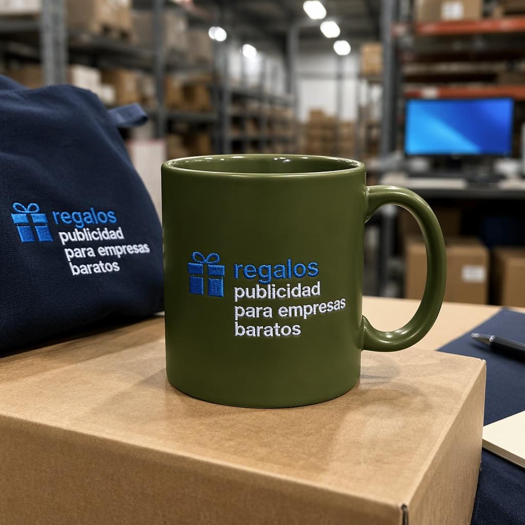 Mockup fotográfico de taza verde oliva con logo bordado clásico en entorno industrial y paleta azul tech.