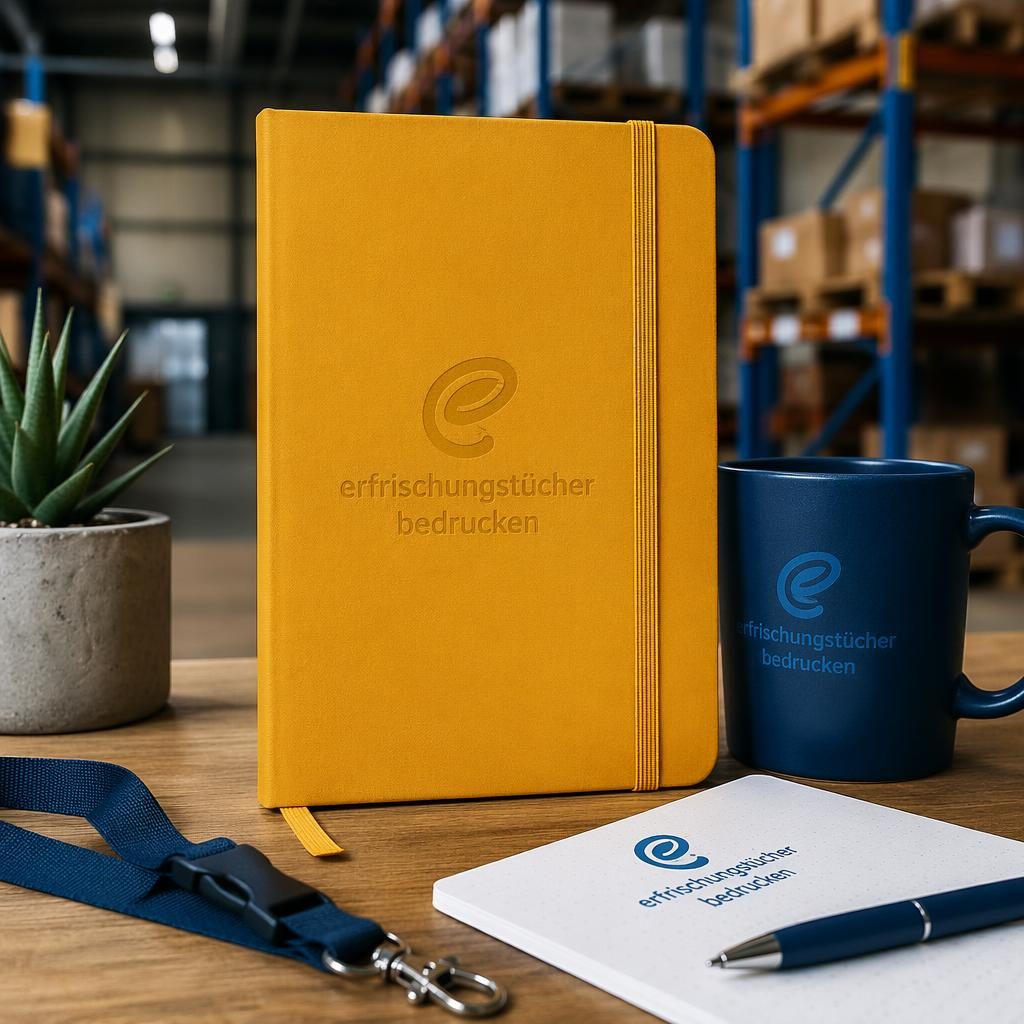 Fotorealistisches senfgelbes Notizbuch im Industrial-Mockup mit dezentem Ton-in-Ton-Logo, scharf und hochwertig beleuchtet.