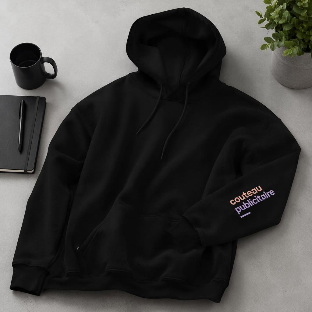 Hoodie noir en flat lay studio avec logo couteau publicitaire imprimé sur la manche, lumière douce pastel.