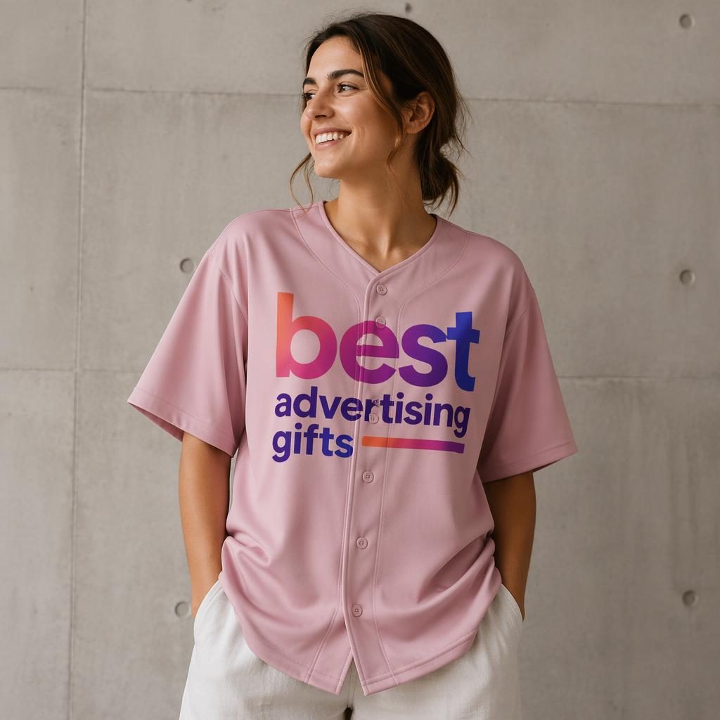 On-model dusty pink baseball jersey mockup with a large vibrant gradient best advertising gifts logo in studio lighting.