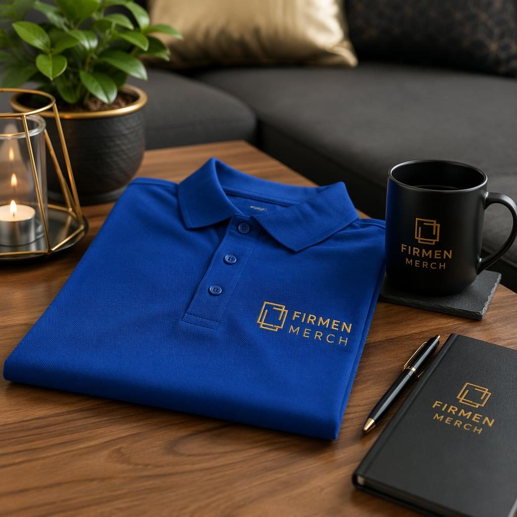 Fotorealistisches royalblaues Polo-Shirt mit gesticktem Firmen-Merch-Logo im cozy Home-Setting, schwarz-goldene Akzente