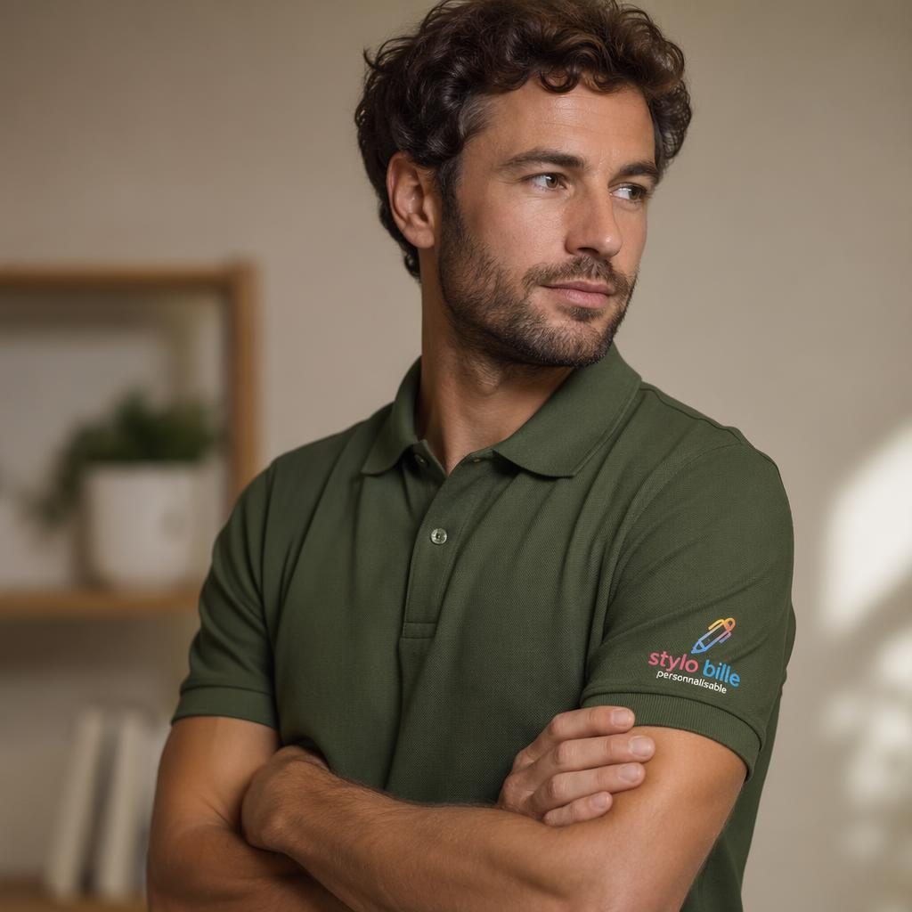 Mannequin portant un polo vert olive avec logo typographique dégradé imprimé sur la manche, photo studio nette.