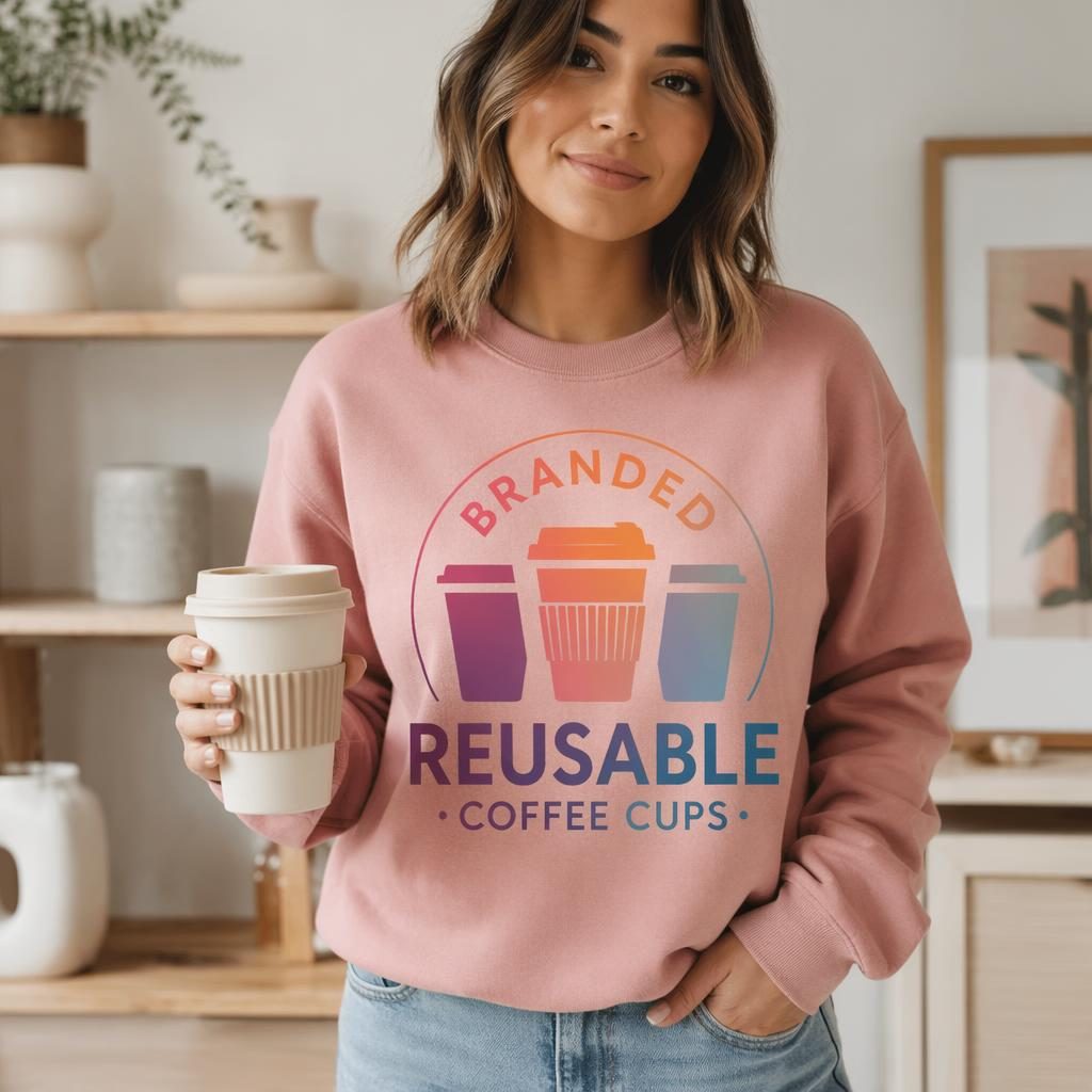 Model wearing a dusty pink crewneck mockup with a large vibrant branded reusable coffee cups logo print