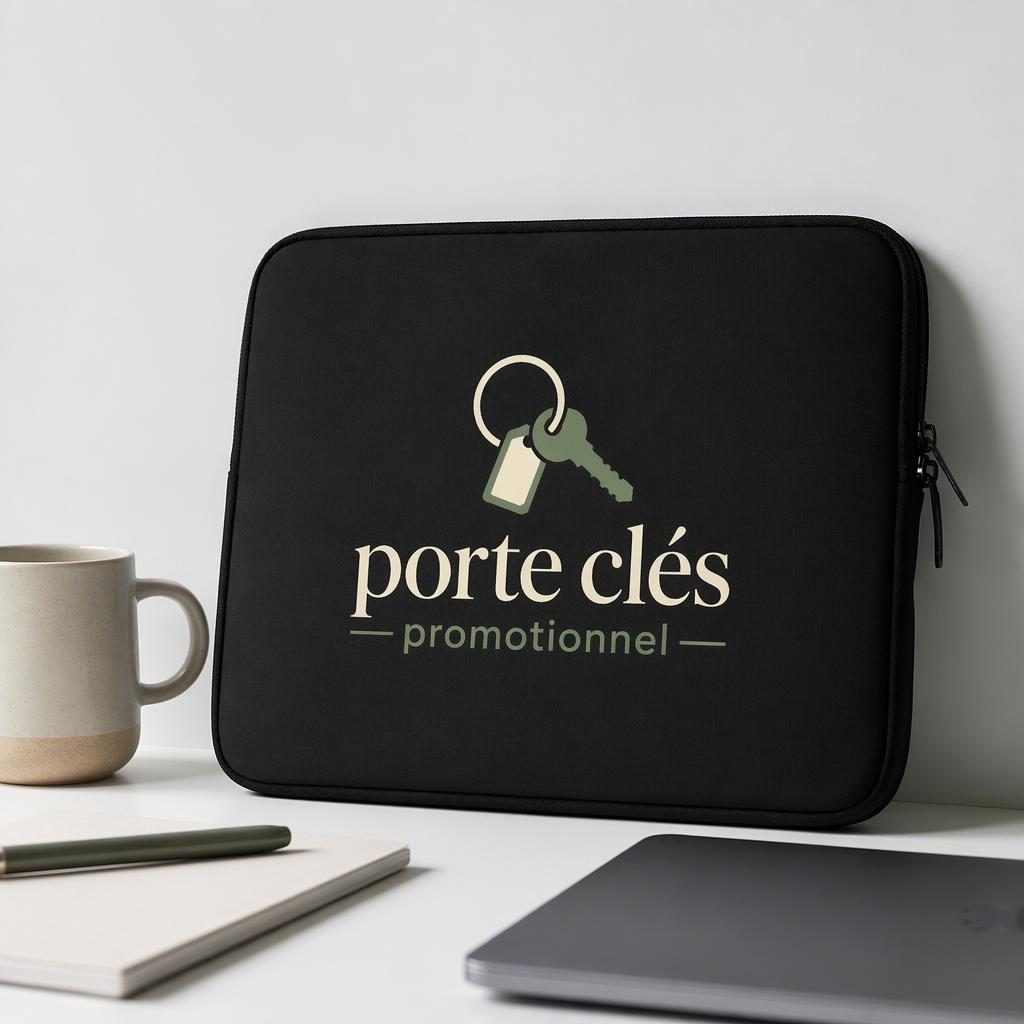 Housse d’ordinateur portable noire sur fond blanc, avec logo sage et ivoire, rendu photo studio net et minimaliste.