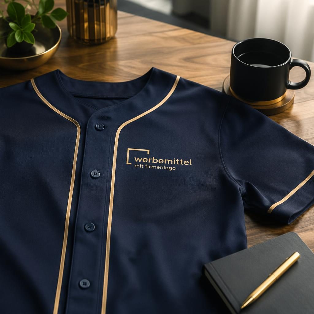 Fotorealistisches Navy-Baseball-Jersey im Cozy-Home-Setup mit kleinem Gold-Logo links auf der Brust